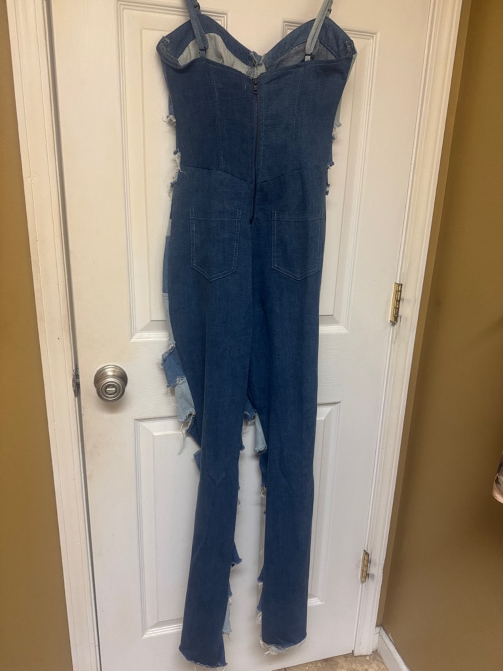 Fashion Nova Two-Tone Blue Patchwork Distressed Flare Jumpsuit - Picture 4 of 5